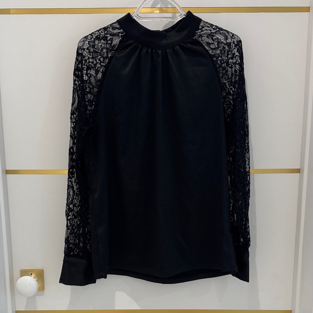 Saks Fifth Avenue Black Satin Lace Long Sleeve Gathered Mock Neck Top M